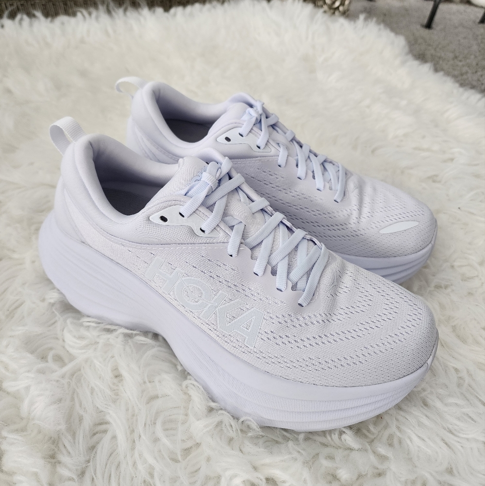 HOKA Women Bondi 8 Running Shoe. Size 8.5 Wide. White. New.One of the hardest
